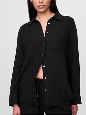 Pilcro Anthropologie Black Long-Sleeve Button-Down Shirt Gauzy Cotton